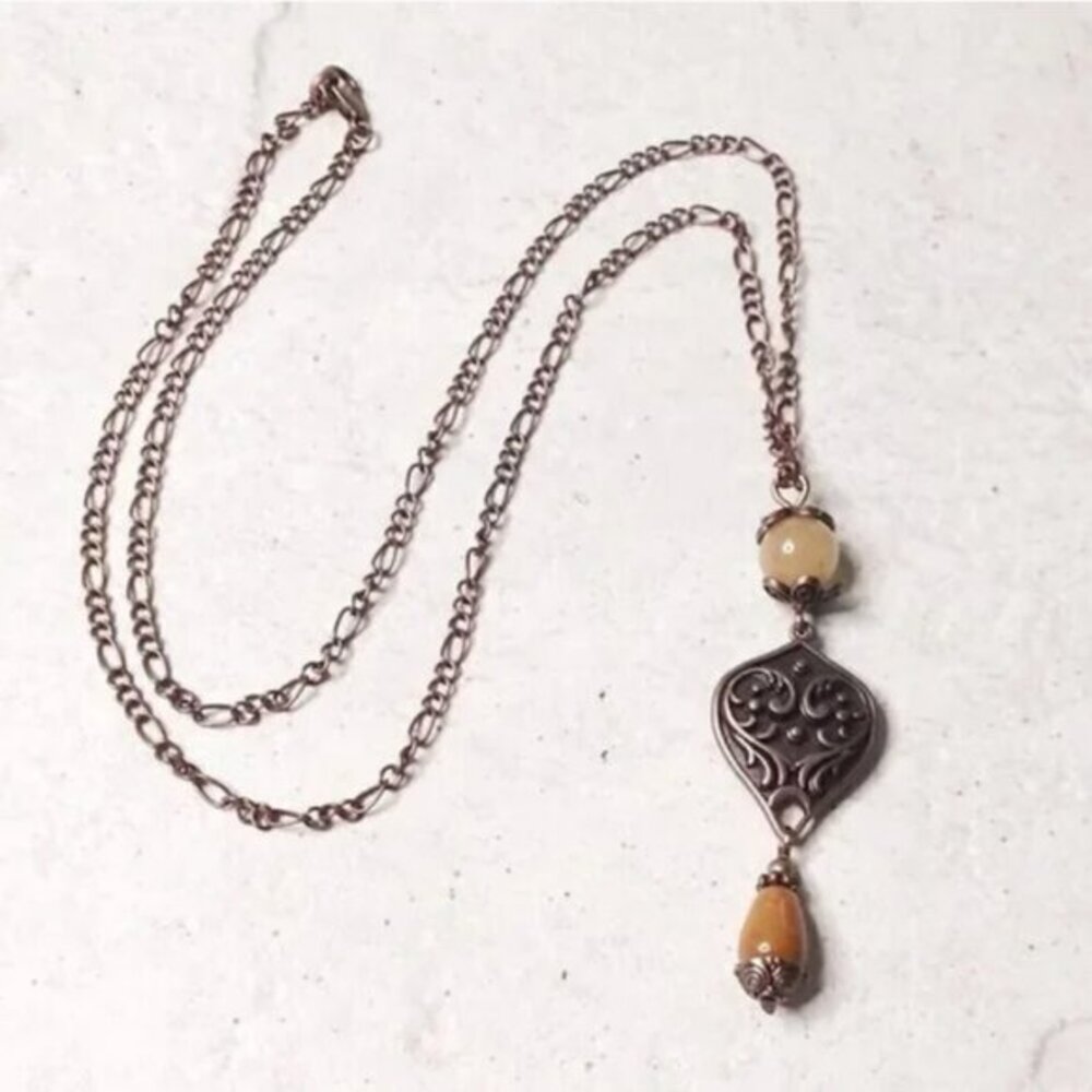 Copper Drop Y Necklace • Honey Brown Gemstones • Ornate Boho Spring Statement